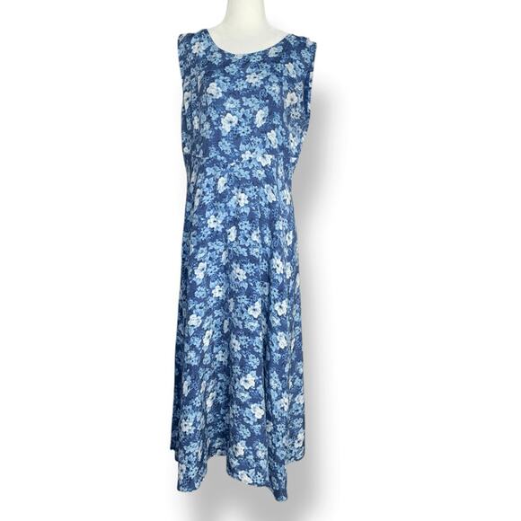 Vintage 90s Blue Floral Midi Dress Sleeveless Rayon A Line Medium Romantic - Picture 13 of 14